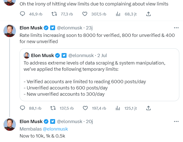 Twitter, Elon Musk batasi Tweet yang dibaca Pengguna